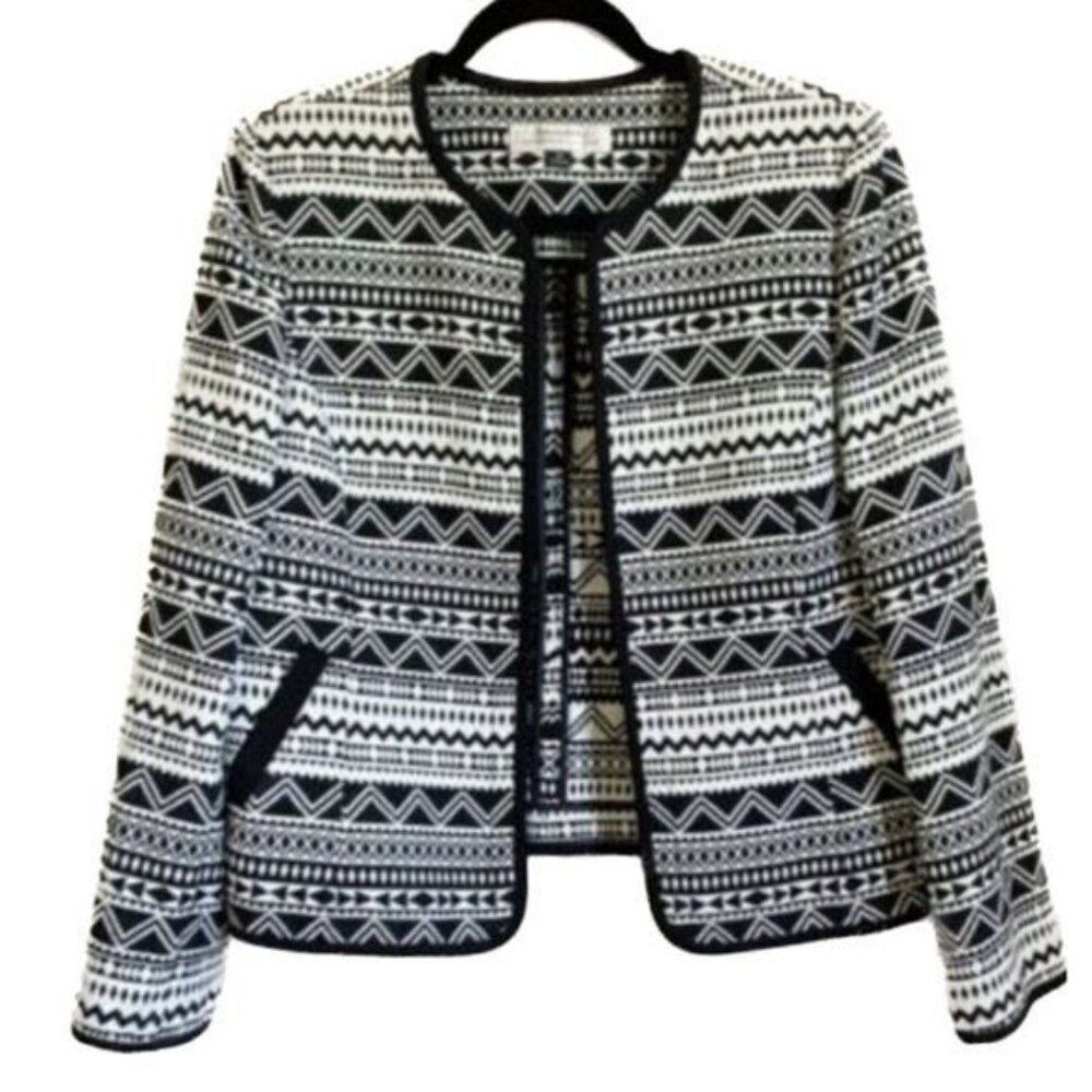 Tahari White Black Aztec Geometric Blazer Women’s 12 Open Office Church Mature